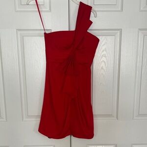 BCBGMaxAzria Jewel Red One-Shoulder Cascading Ruffle Ruched Mini Cocktail Dress